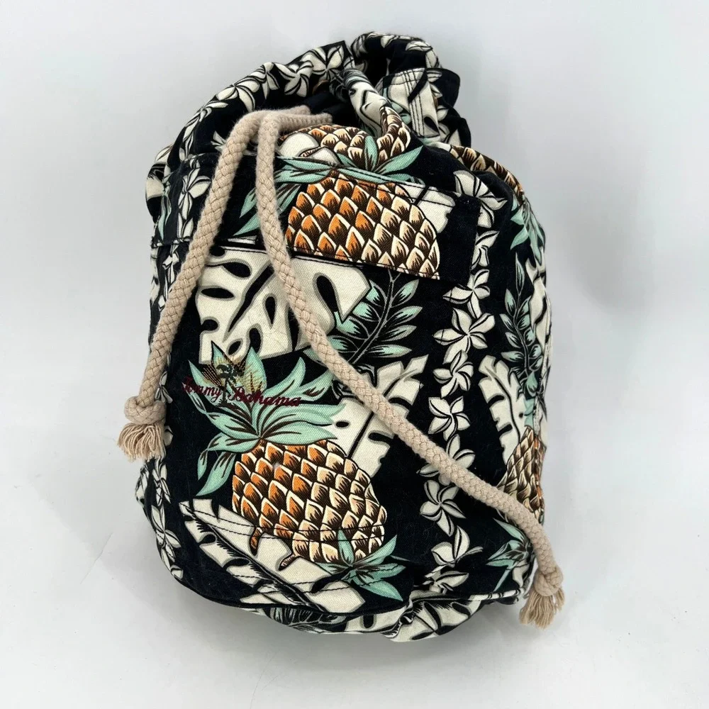 Tommy Bahama‎ Drawstring Backpack Pineapple Hawaii Hawaiian Tropical Black